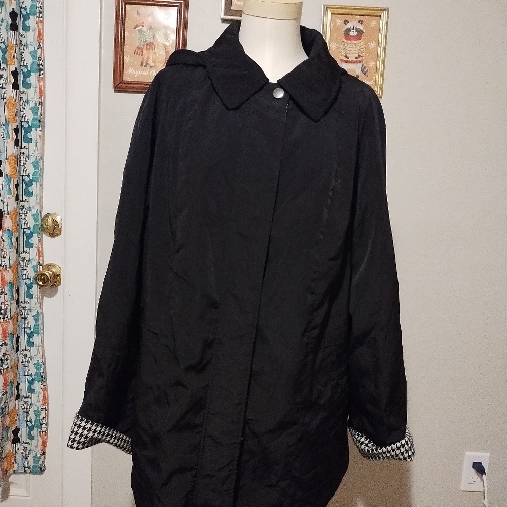 Size 18/20W Woman's Black Coat/Rain Jacket with houndstooth accents.